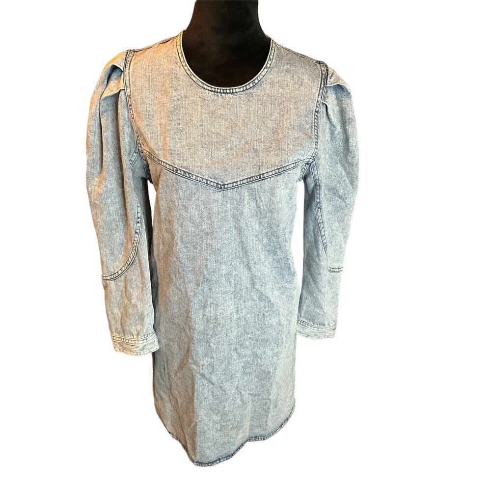 Zara Dress Womens Small Denim Puff Ballon Sleeve Sheath 60s Collection